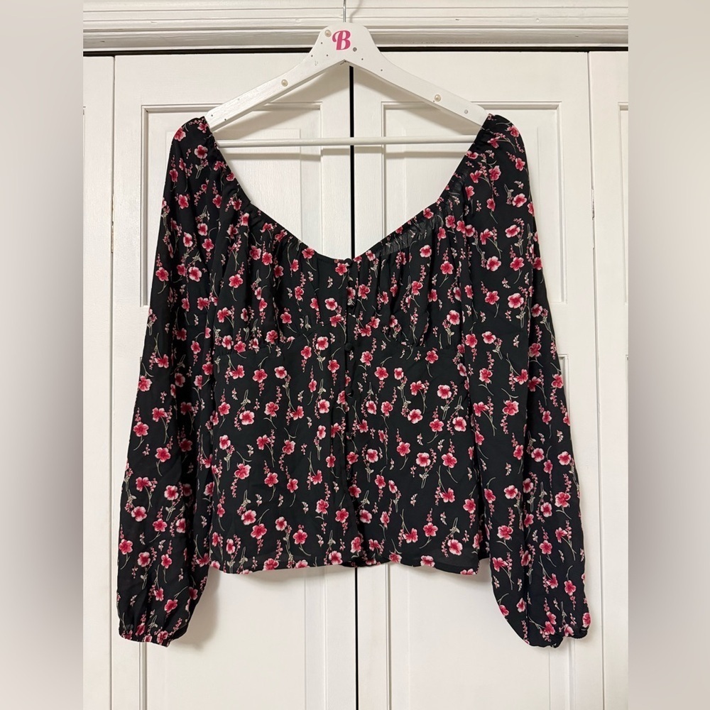 Y2K Trixxi Black Pink Dark Floral Blouse Button Down Baby Doll Coquette Medium